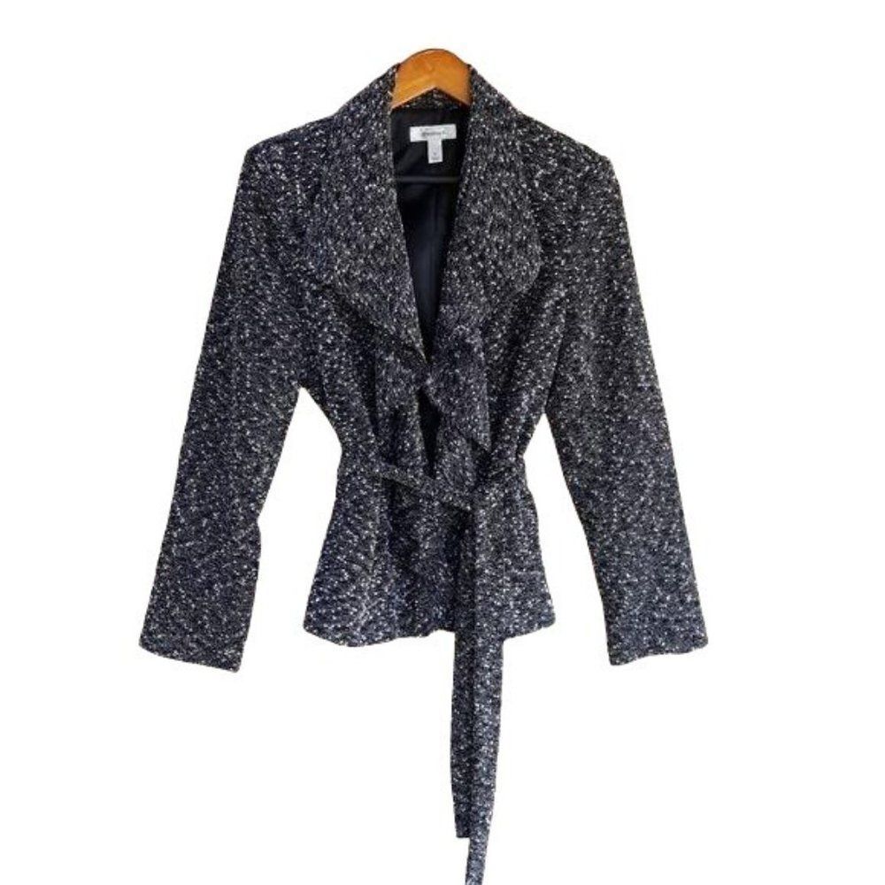 Dressbarn Waterfall Textured Nubby Knit Tie Waist Blazer Black Speckled Sz M